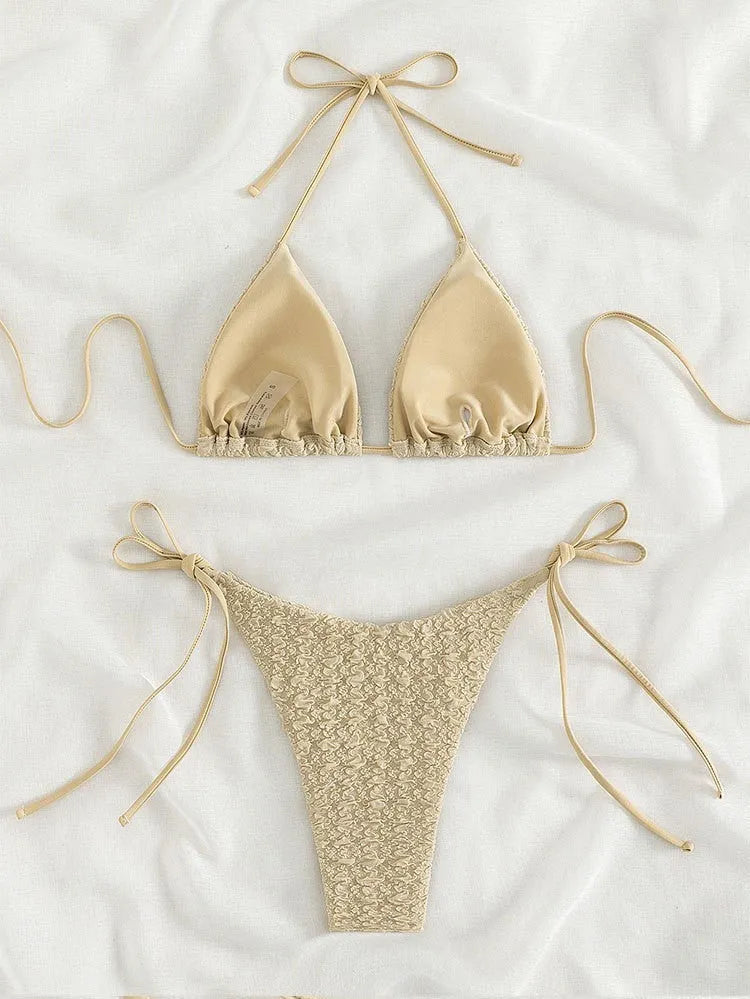 Women's khaki high waist bikini with lace-up sides, showing front and back detail.