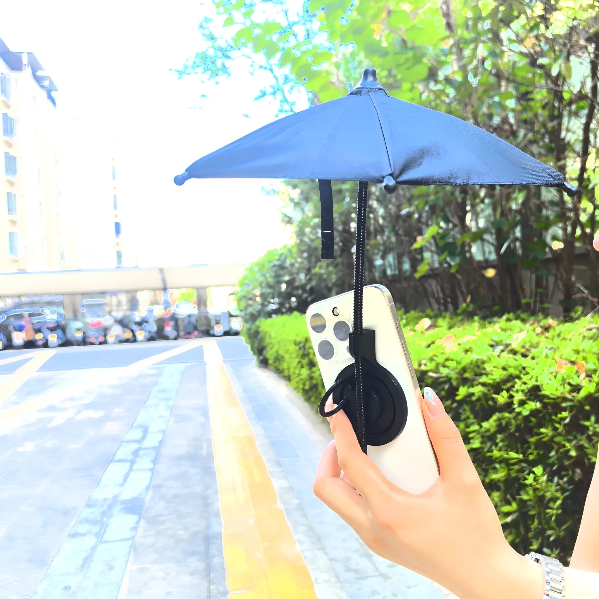 Magnetic retractable phone umbrella bracket with 6 iron bones, 210T NC fabric canopy, silver glue coating, black colour, side view