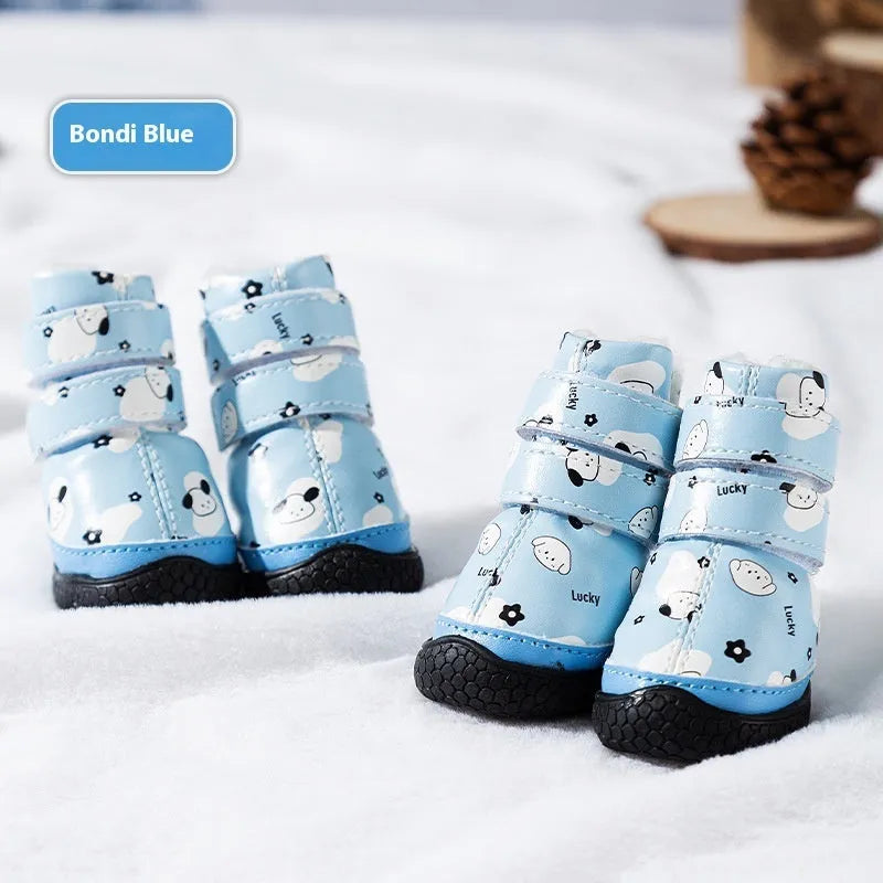 Fleece-lined pet cotton shoes with rubber sole in black, blue, and yellow for small dogs