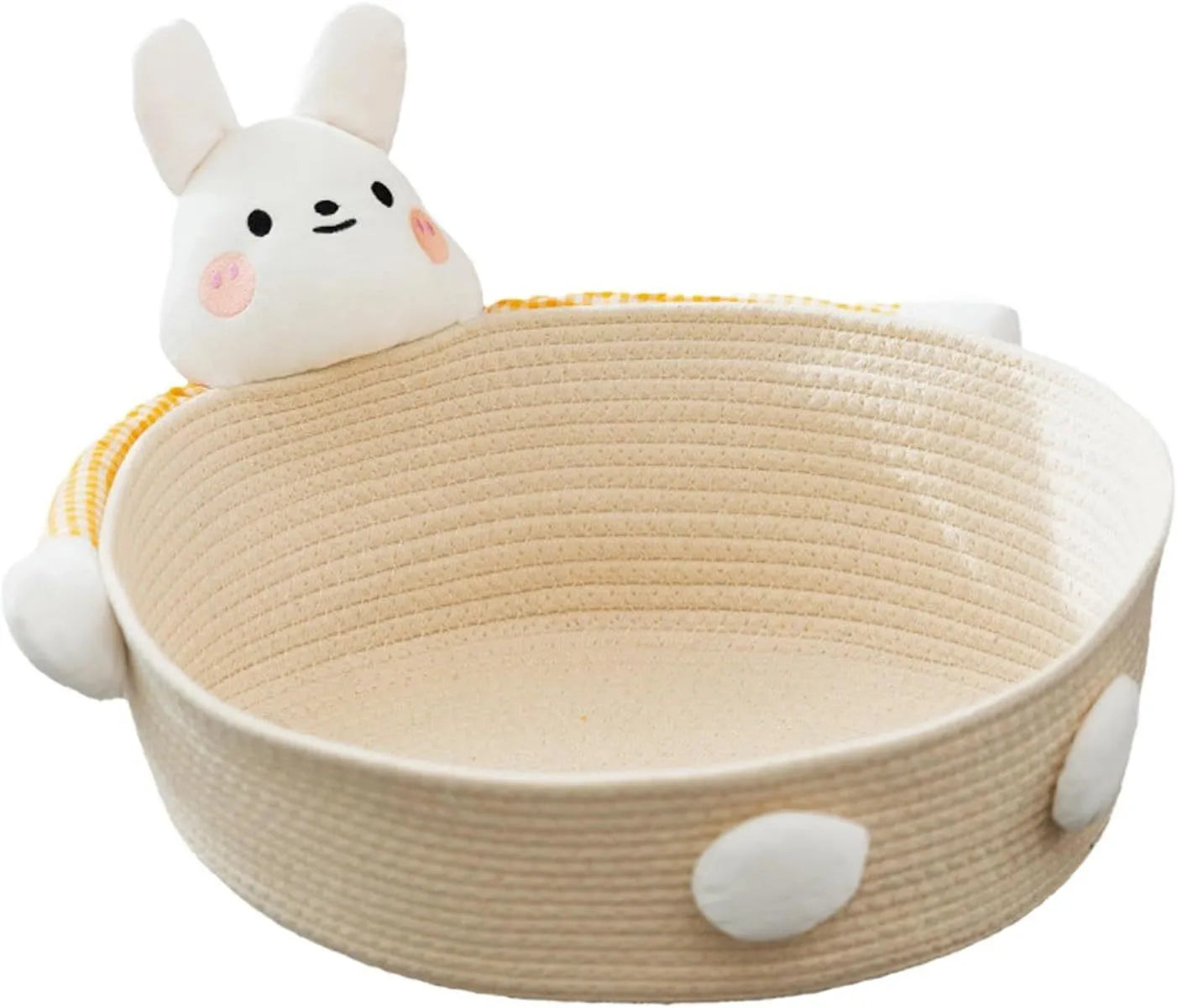 Woven cotton rope cat bed basket with integrated scratching pad for indoor cats, shown in Bear and Rabbit styles.
