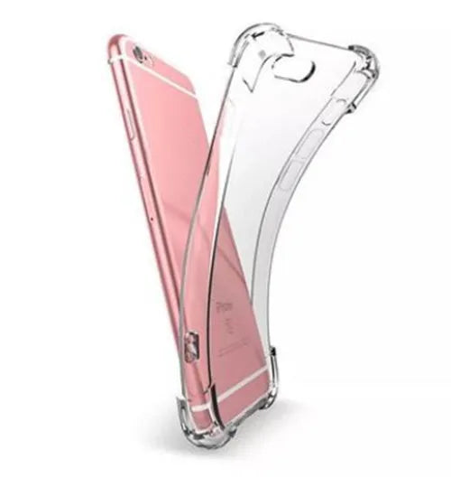 Clear transparent TPU back cover case for iPhone on a table.