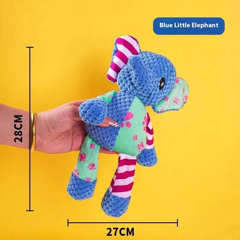 Selection of plush pet toys including donkey, rechargeable duck, elephant and dog styles
