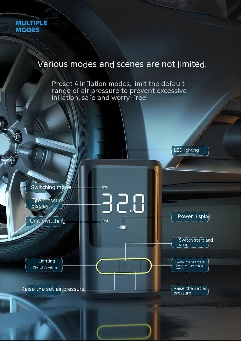 Handheld wireless digital display air pump with LED light shown inflating a car tyre