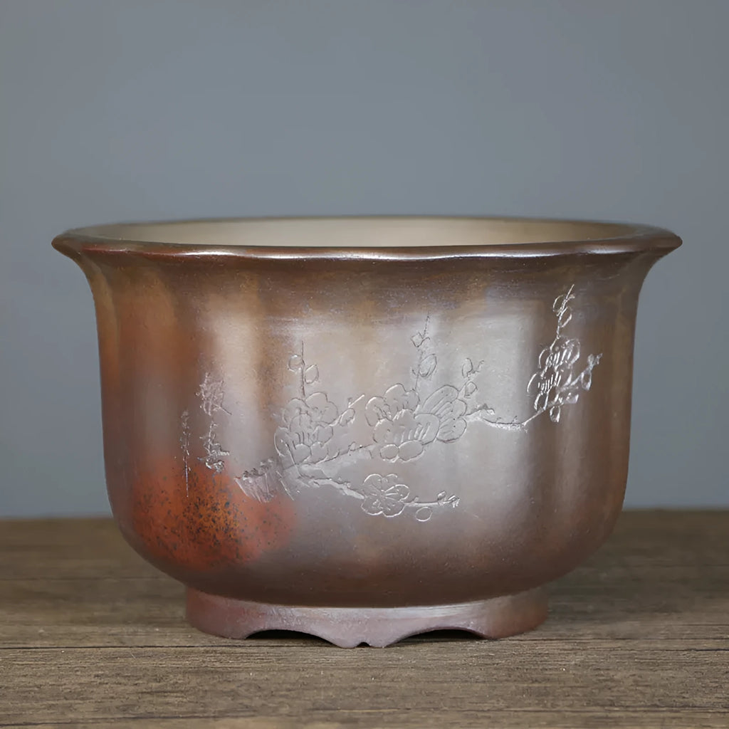 Purple sand ceramic flowerpot with antique carved wood burning design for bonsai plants
