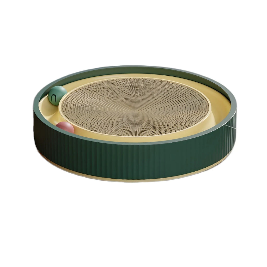 Large circular green cat scratching board with ball toys and replaceable cardboard core