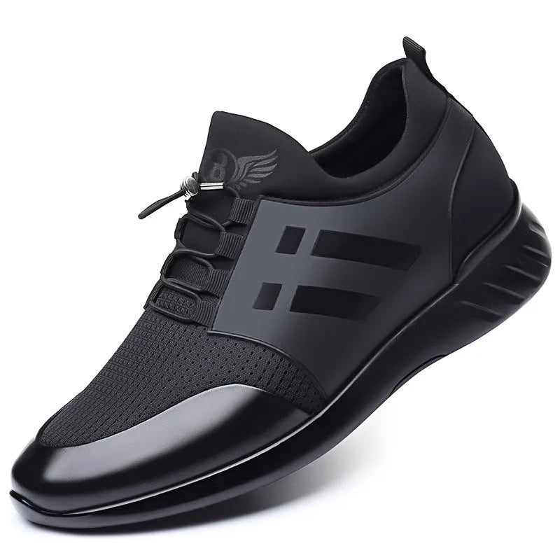 Men's black casual height increasing sneakers with genuine leather upper and hidden wedge heel