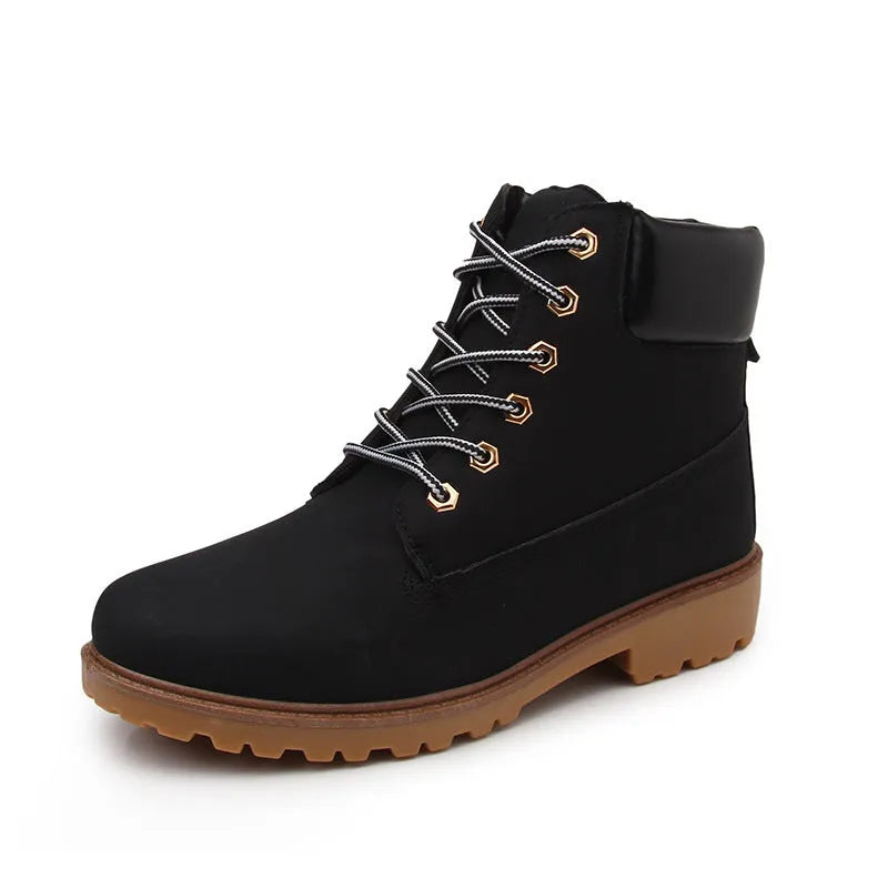 Men's pink high-top Martin boots with velvet lining, round toe, and front lace-up closure on a flat sole.