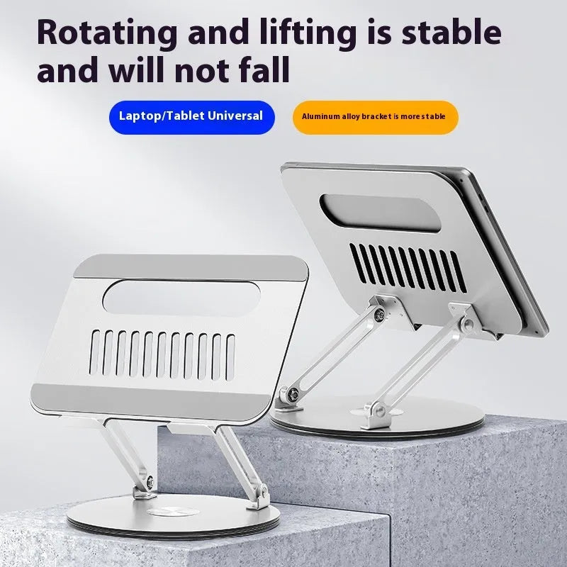 Silver aluminium laptop stand showing rotatable design and height adjustment mechanism