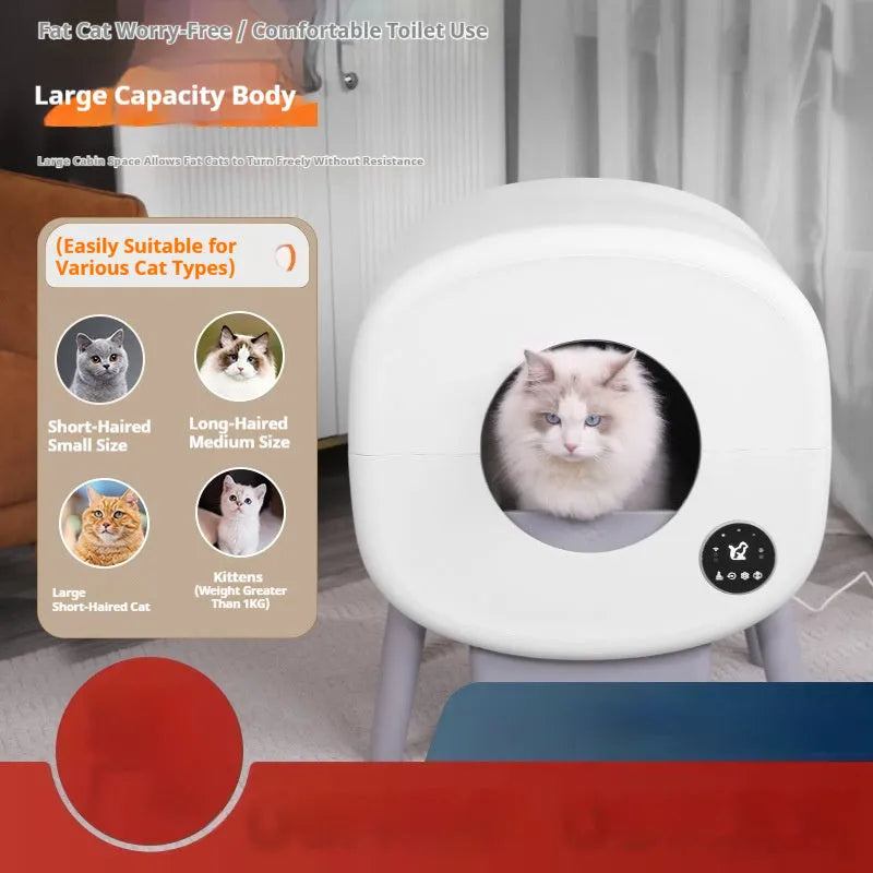 White automatic cat litter box with control panel, waste storage compartment, and cleaning mechanism