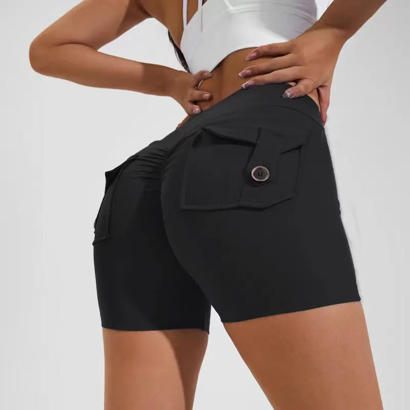 Women's high waist hip lifting shorts with side pockets in quick-dry nylon fabric
