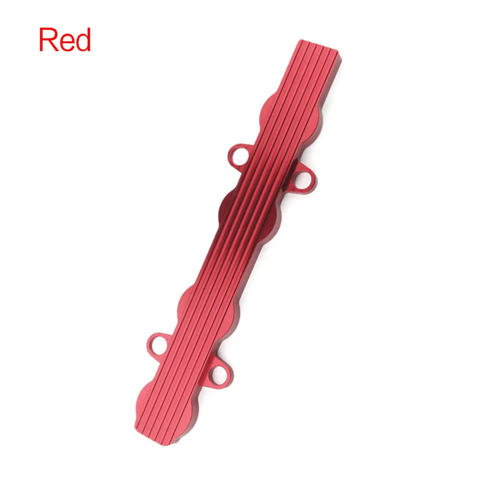 Aluminium alloy car engine harness holder bracket in blue, red, and silver, with and without mounting holes.