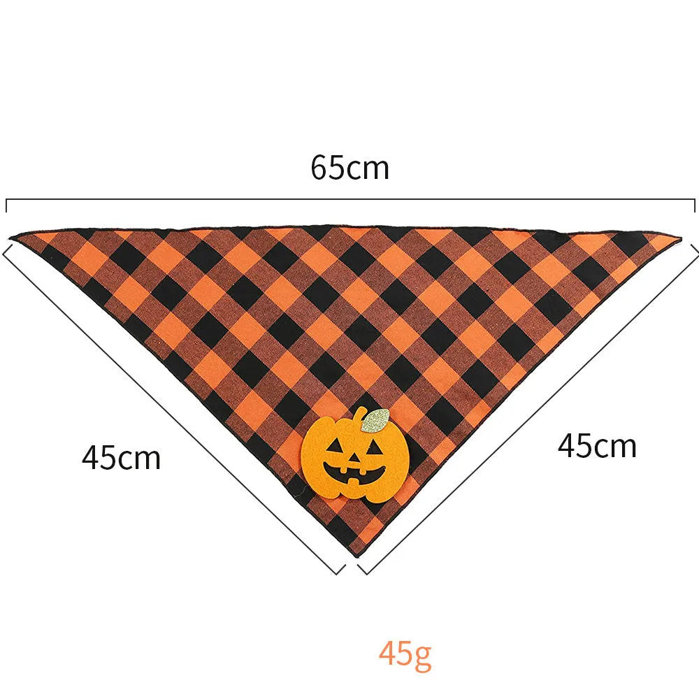 Orange and white Halloween dog plaid bandana with pumpkin and skeleton appliqués