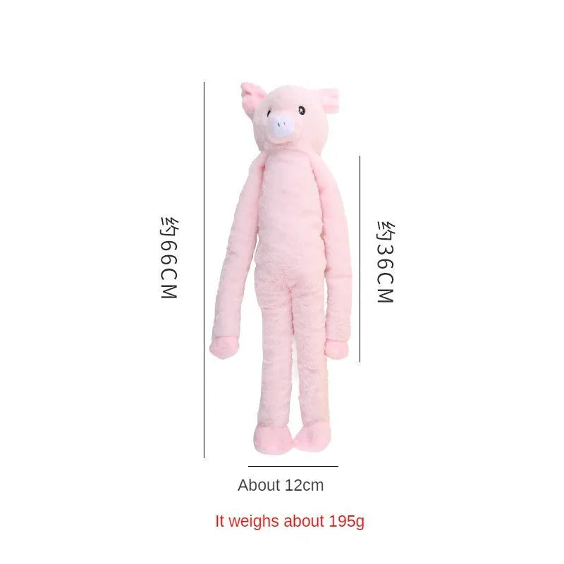 Large pink and yellow plush dog toy with squeaker and crinkle sounds for golden retrievers