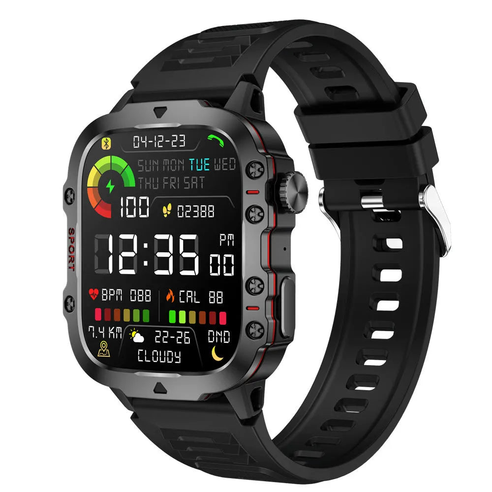 QX11 Smart Bluetooth Watch in black with a TFT touchscreen display, shown with an optional leather strap.