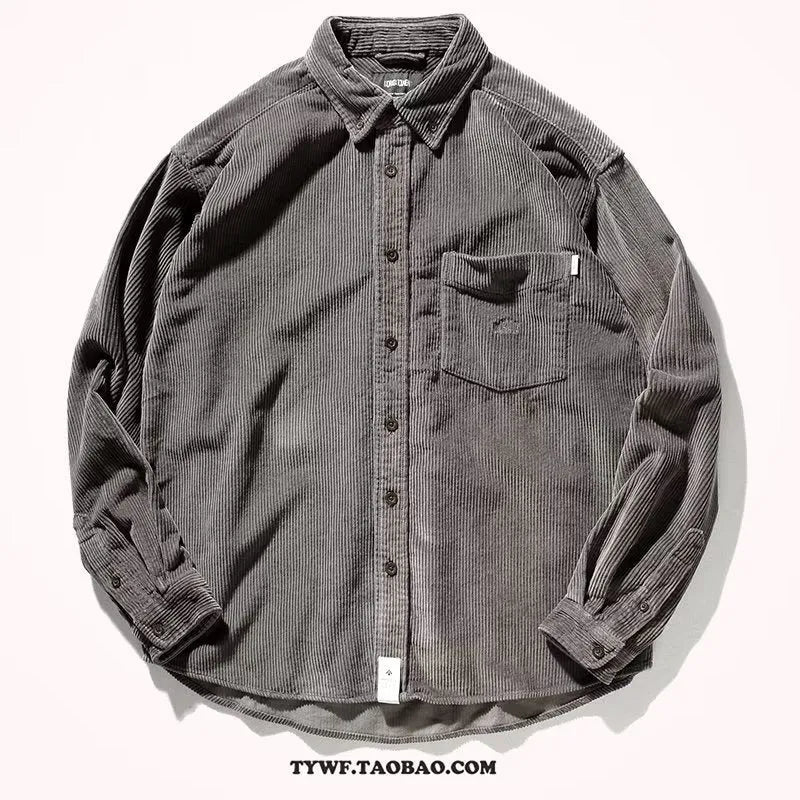 Men's caramel corduroy loose fit cardigan shirt with long sleeves Hong Kong style