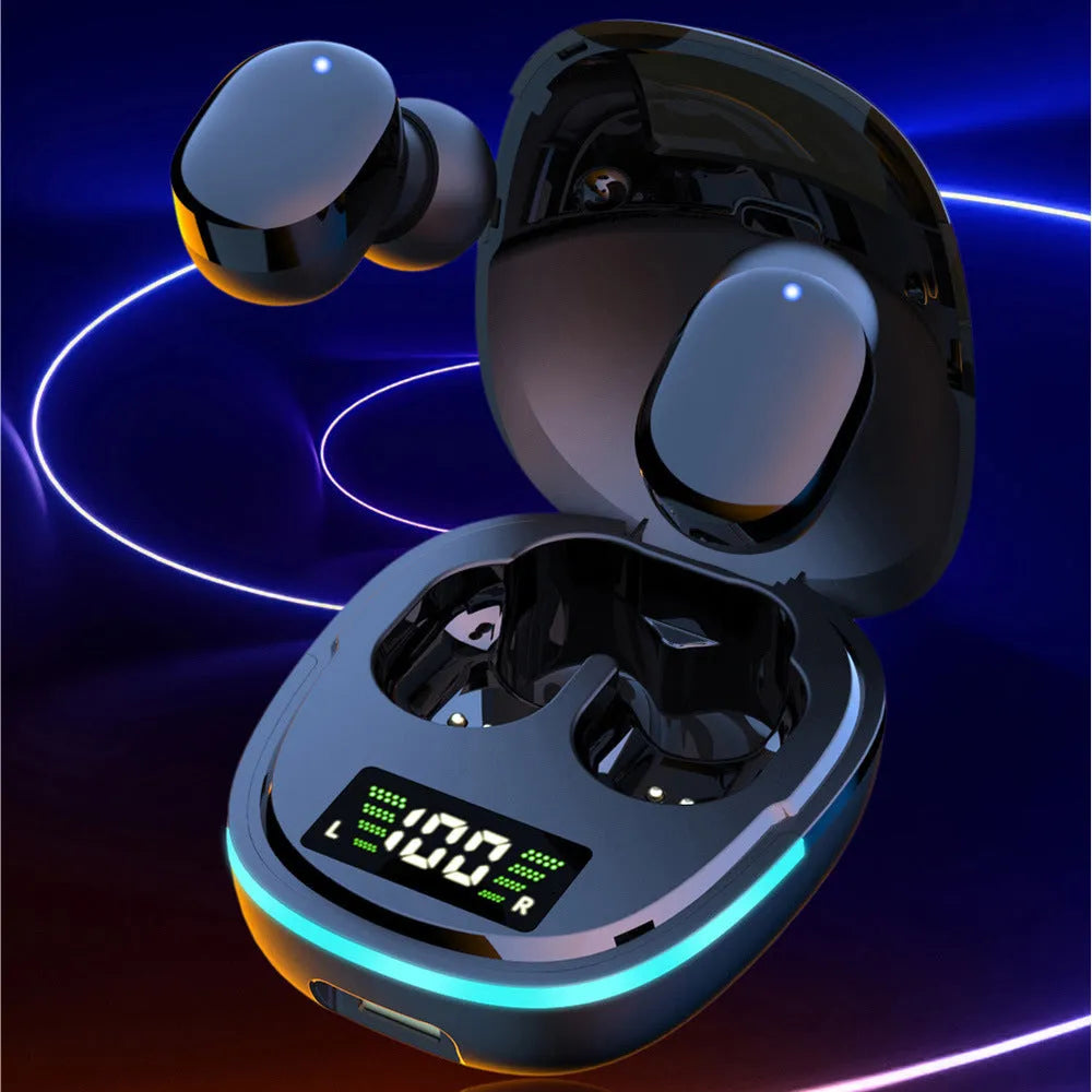 Black true wireless Bluetooth headphones with charging case showing digital battery display