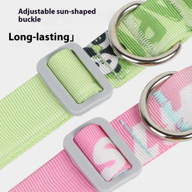 Adjustable nylon dog collar with a colourful cartoon gradient print and plastic buckle.