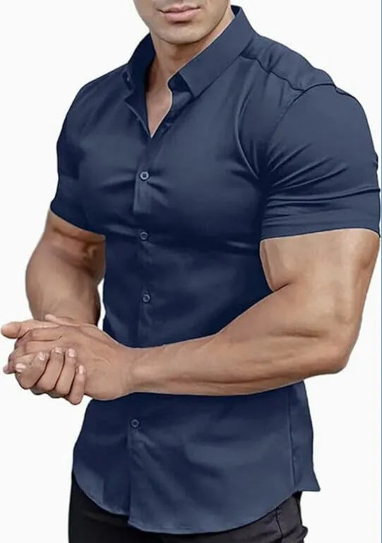 Men's printed short sleeve casual shirt with collar in multiple colour options showing cardigan style