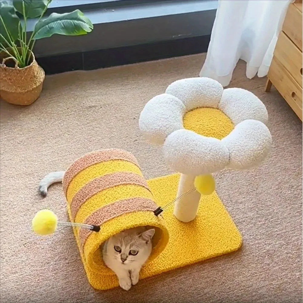 Yellow bee-shaped cat climbing frame with sisal scratching posts and a fabric tunnel.