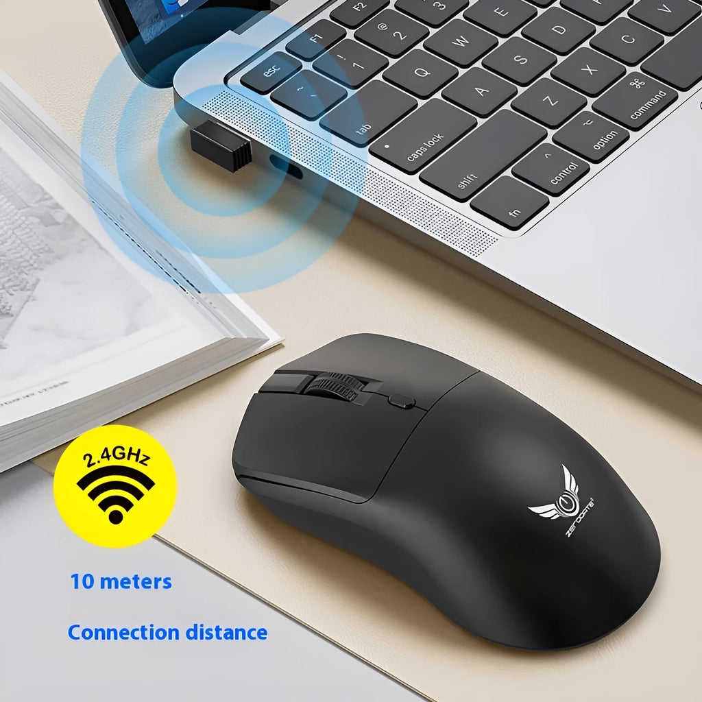 Black wireless computer mouse with three buttons for laptop connectivity