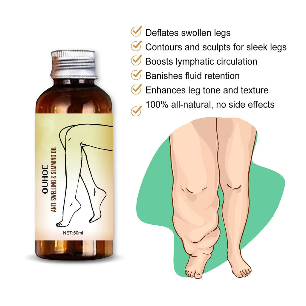 50ml bottle of moisturising body oil with six botanical extracts for skin care and leg massage
