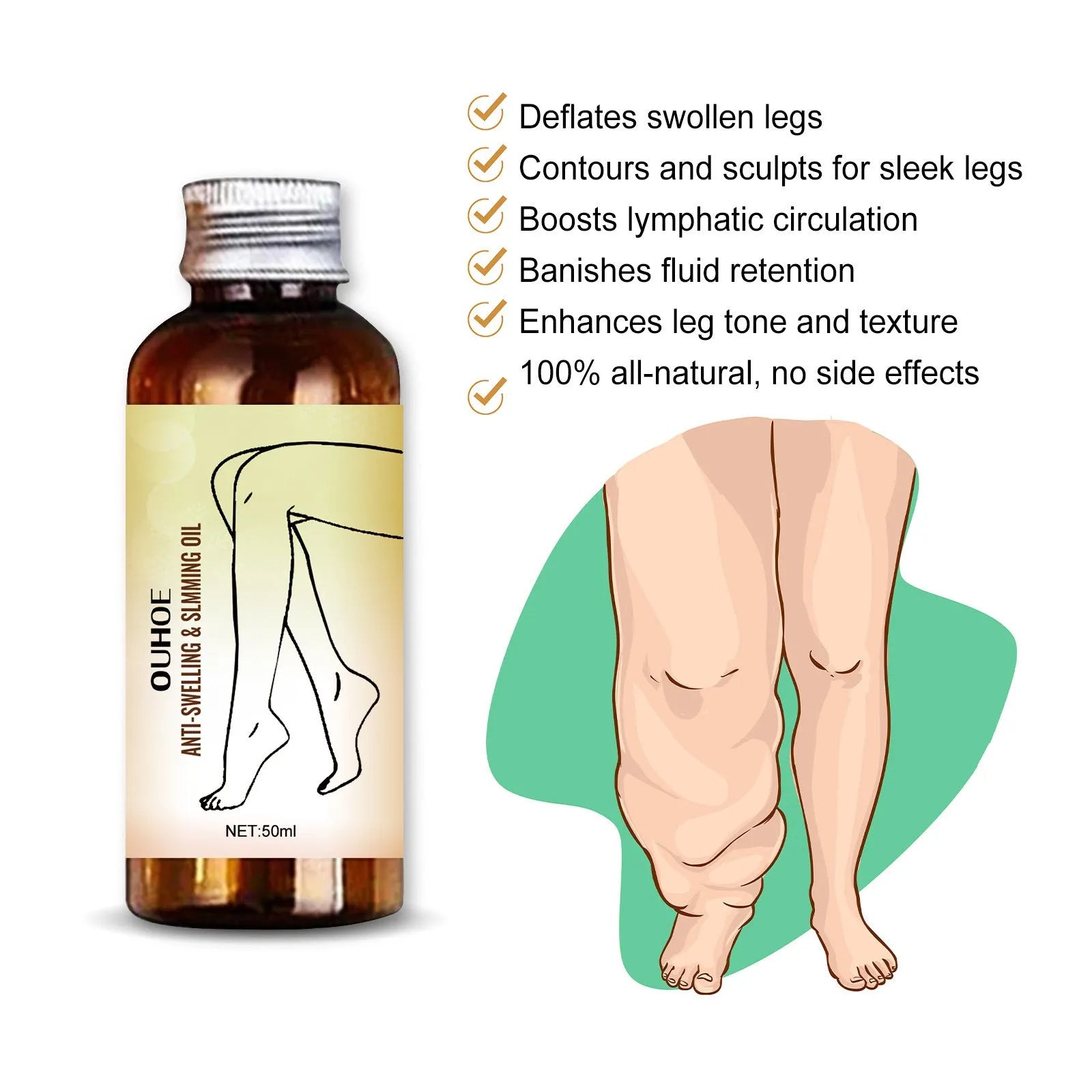 50ml bottle of moisturising body oil with six botanical extracts for skin care and leg massage
