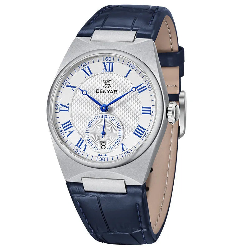 Men's quartz watch with white shell white surface, calendar, and waterproof build, 12mm thickness, business style