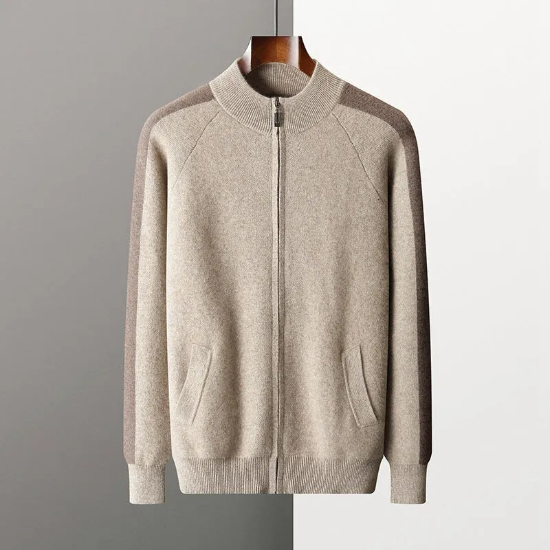 Men's navy blue cashmere wool blend half-turtleneck zipper cardigan and trousers winter suit set