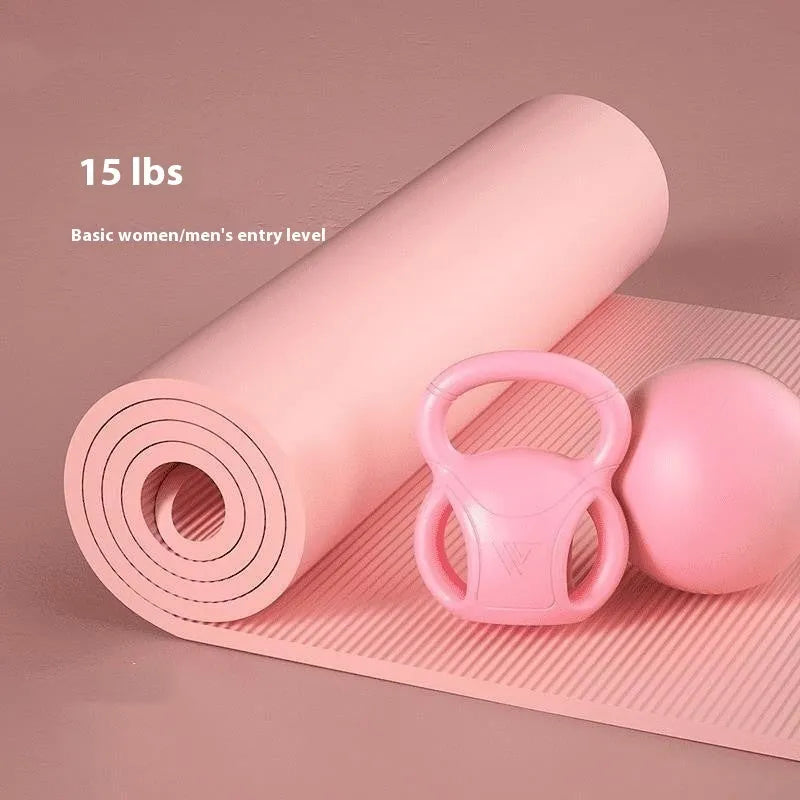 Colourful kettlebells in pink, lavender, and dark green with different weight options for home fitness