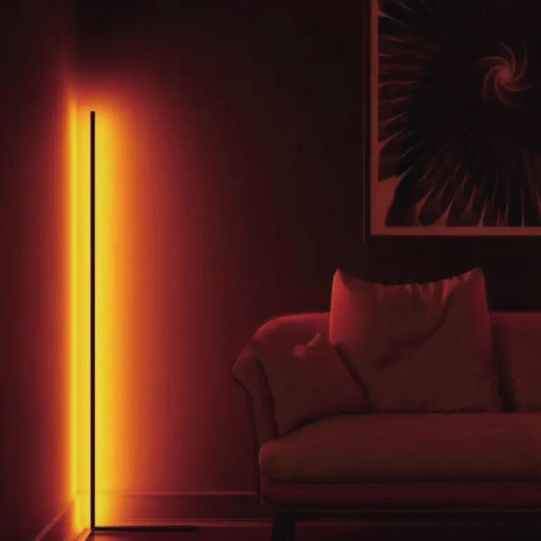 Black smart floor lamp with RGB lighting and remote control for bedroom atmospheric illumination