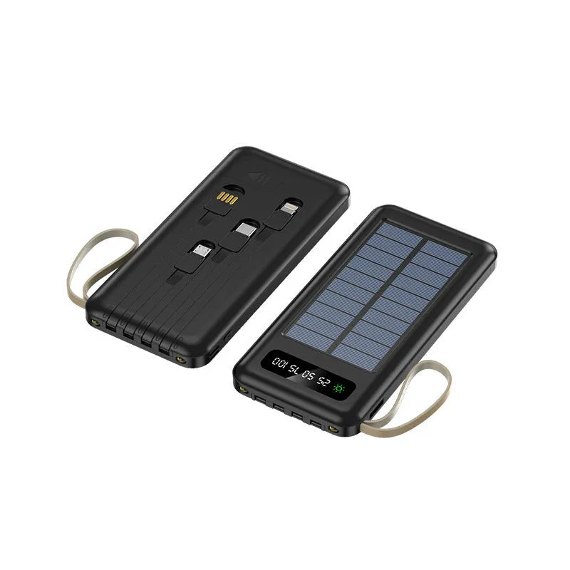 Black and white solar power bank showing front view with dimensions 144mm by 68mm.