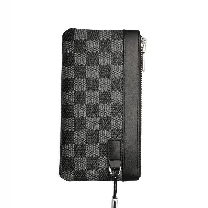 Men's black leather plaid clutch wallet showing front view with 20 x 10 cm dimensions