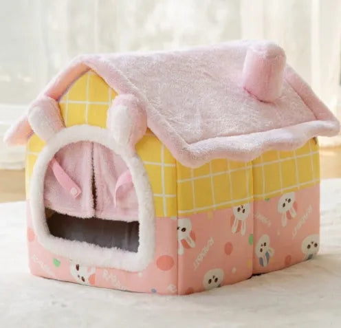 Foldable dog house pet cat bed in cave style with self-warming plush fur and non-slip bottom, available in multiple colours and sizes