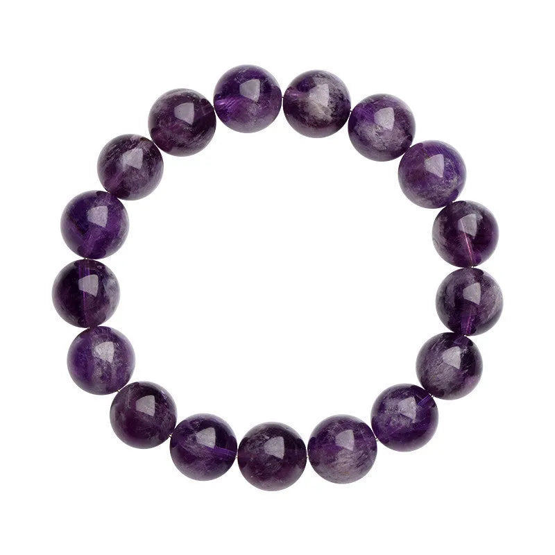 Natural feather amethyst crystal bracelet with scattered beads and a Ruyi symbol in Snow Mountain purple.