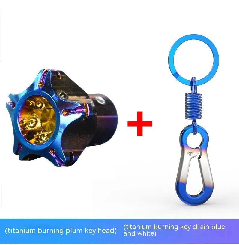Motorcycle key covers in hexagonal, pentagram and plum blossom designs with blue and white keychains