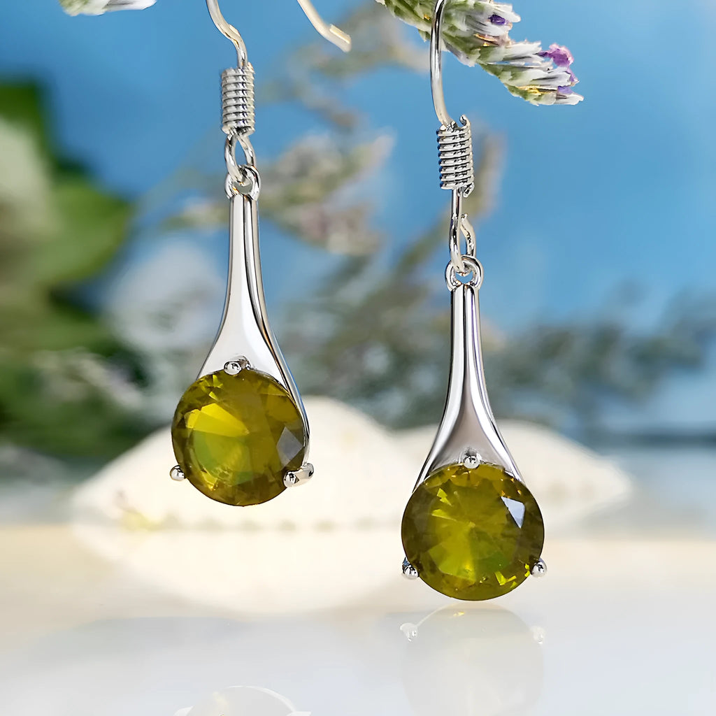 Olive green topaz colour drop-shaped earrings with minimalist retro style design