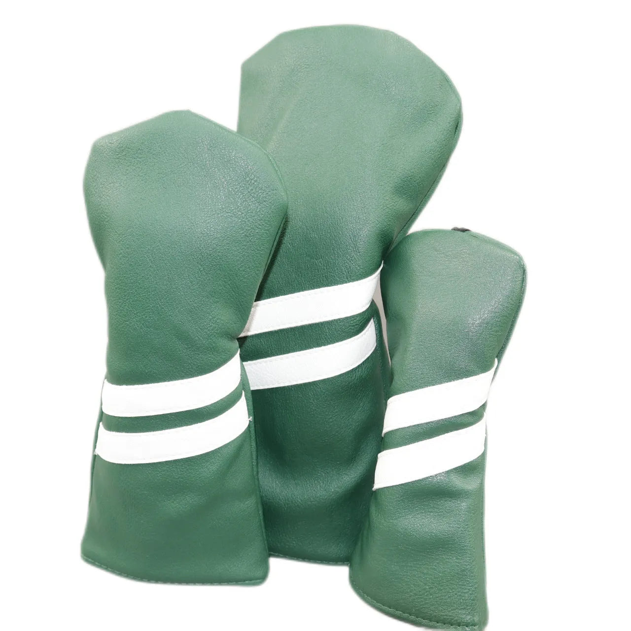 A striped PU leather golf club head cover for wood clubs, shown in blue, with size and colour options.
