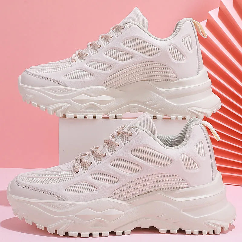 Men and women mesh breathable casual sports shoes with lace-up front in white, beige, black colours