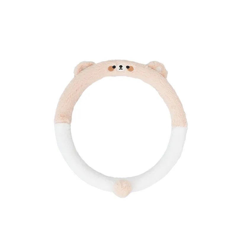 Rabbit fur plush steering wheel cover with embroidered cartoon panda design for winter.