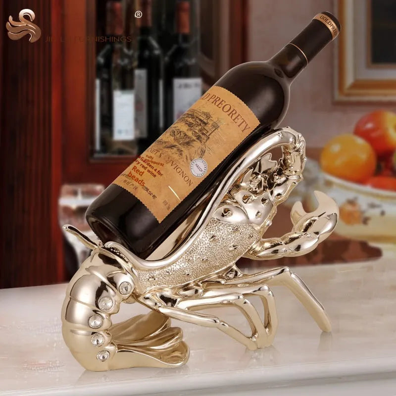 Lobster-shaped wine rack ornament in rose gold or elegant silver finish holding wine bottle