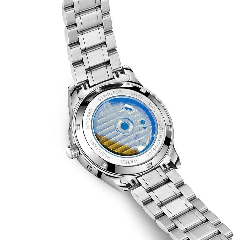 Men's stainless steel business watch with skeleton mechanical movement and black leather strap