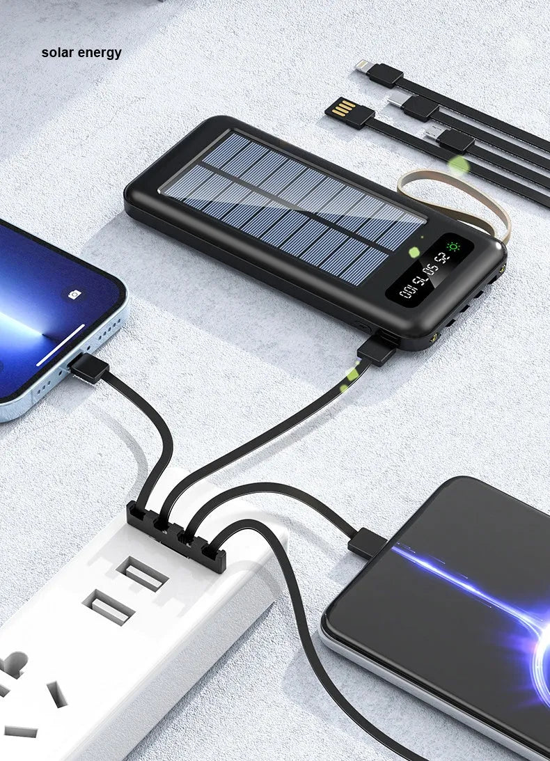 Black and white solar power bank showing front view with dimensions 144mm by 68mm.