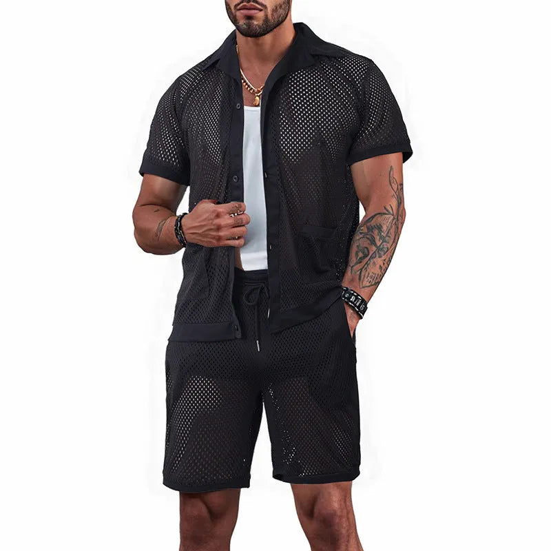 Women's two-piece beach cover-up shorts suit with short sleeves in lake blue colour