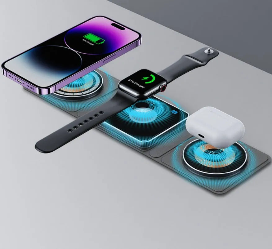 Black transparent acrylic Magsafe three-in-one wireless charging station for iPhone