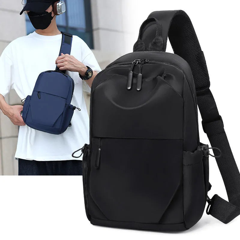 Men's grey waterproof chest bag with large capacity dimensions shown