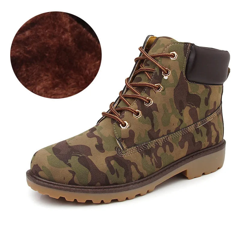 Men's pink high-top Martin boots with velvet lining, round toe, and front lace-up closure on a flat sole.