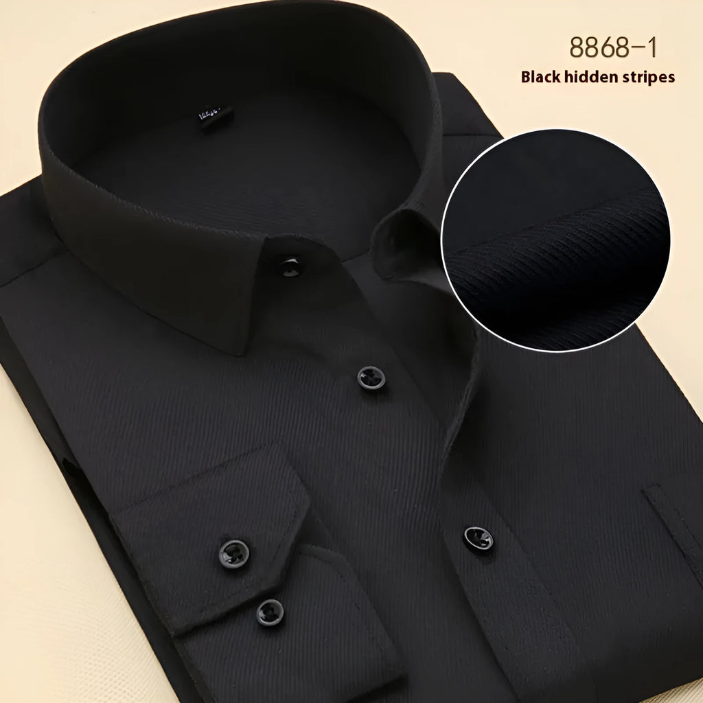 Men's black slim fit cotton business shirt with long sleeves and cardigan style