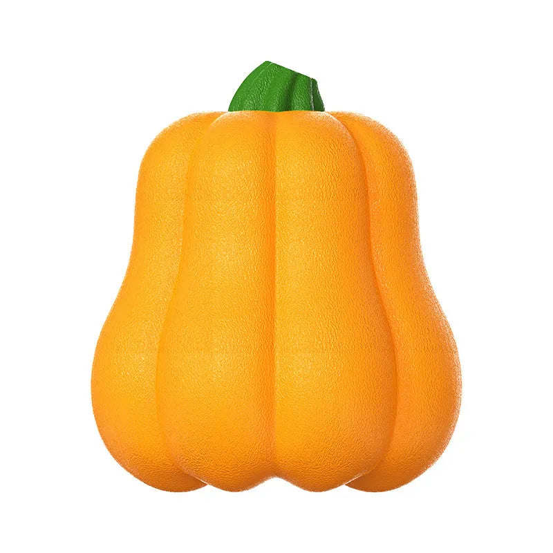 Pumpkin-shaped plastic dog toy with rope attachment for outdoor long throws and molar chewing