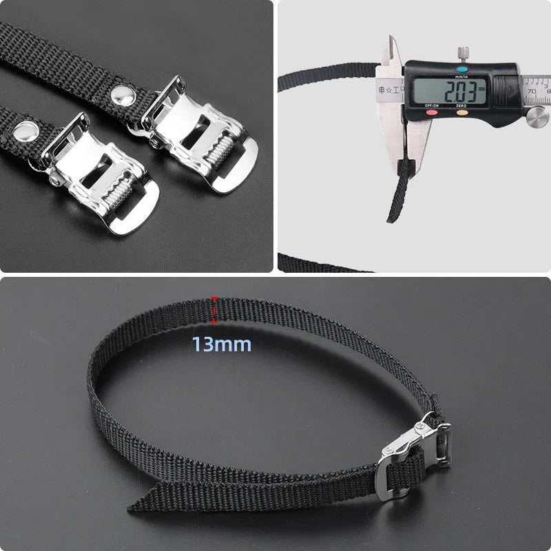 Pair of plastic spinning pedal foot holder covers with lashing straps and metal bolts on a black background