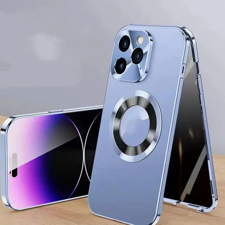 Magnetic protective iPhone case with metal anti-peep clip in various colours for models 12 to 15.